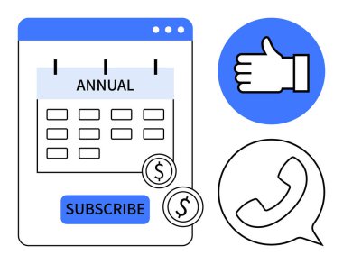Abonelik düğmesi, bozuk paralar, baş parmaklar, telefon simgesi ve sohbet baloncuğu ile yıllık olarak etiketlenmiş takvim. Üyelik hizmetleri, iş çözümleri, finans, müşteri desteği pazarlama iletişimi için ideal