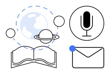 Açık bir kitap, Dünya 'yı çevreleyen gezegenler, içinde nokta ve mikrofon olan bir zarf. Eğitim, bilim, iletişim, yaratıcılık, bilgi paylaşım teknolojisi için ideal basit bir iniş sayfası