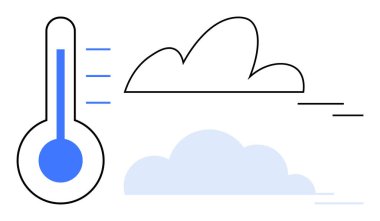 Bulutlarla ölçülen termometre rüzgar ve hava durumunu gösteriyor. İklim, hava tahmini, çevre, sürdürülebilirlik, enerji, meteoroloji ve bilim için ideal. Basit düz metafor