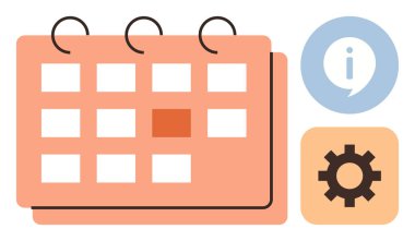 El bilgisayarı spiral tasarımı ve bilgi ve dişli simgeleriyle işaretlenmiş tarih takvimi. Zaman yönetimi, zamanlama, verimlilik, planlama, anımsatıcı, görev organizasyonu için ideal, basit