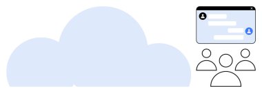 Kullanıcı simgelerine sahip bulut ve sanal mesajlaşma penceresi takım çalışması, teknoloji ve uzaktan iletişimi temsil ediyor. Ağ oluşturma, bulut servisi, işbirliği, teknoloji, kullanıcı arayüzü, mesajlaşma için ideal