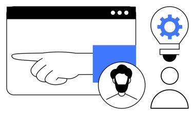 Ekranı işaret eden el, kafa profili, dişli ampul. Yenilik, işbirliği, takım çalışması, karar verme, beyin fırtınası dijital araçlar büyümesi için idealdir. Basit düz metafor