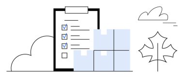 Panoda üç işaretli kontrol listesi, dört istiflenmiş kutu, bulutlar ve bir akçaağaç yaprağı. Lojistik, envanter, dağıtım, tedarik zinciri, çevre dostu iş organizasyonu için ideal