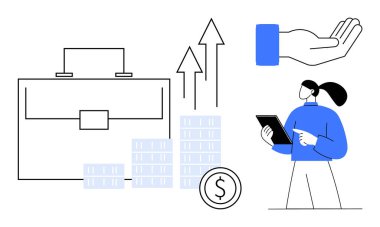 Elinde tablet tutan bir iş kadını, büyümeyi gösteren ok, evrak çantası, bozuk paralar, yığınla para ve el hareketi. Kariyer büyümesi, girişimcilik, finans yatırımları planlaması için ideal