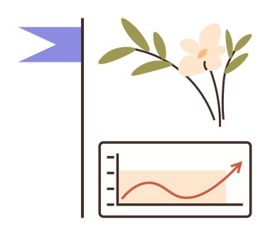 Çiçek ve yapraklar organik büyümeyi temsil ediyor, bayrak başarıyı simgeliyor ve yükselen grafik de başarı ve ilerlemeyi gösteriyor. Büyüme, başarı, iş, doğa, analitik ve başarı için ideal