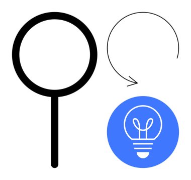 Keşif için büyüteç, süreç için dairesel ok, yaratıcılık için mavi ampul. Araştırma, yenilik, sorun çözme, ilerleme, eğitim, strateji ve basit iniş sayfası için ideal