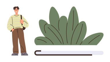 Sırt çantası taşıyan gülümseyen bir adam büyük yeşil yapraklar ve ilerleme çubuğunun yanında. Büyüme, kendini geliştirme, doğa, sürdürülebilirlik, eğitim, ilerleme izleme, kişisel gelişim için idealdir. Temiz daire