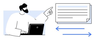 Dizüstü bilgisayar kullanan adam, veri transferi, iletişim ve bilgi paylaşımını sembolize eden oklu katmanlı belge yığınını işaret ediyor. İşbirliği, iş akışı, analitik, eğitim ve bilgi için ideal