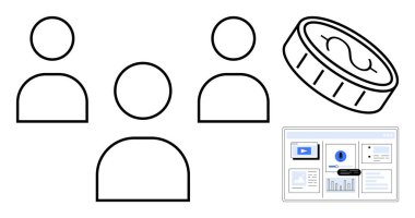 Üç kullanıcı simgesi, dolar işareti olan bir bozuk para ve veri tabloları ve grafikleri olan bir ekran. Takım çalışması, finans, fintech, dijital araçlar, analitik işbirliği veri görselleştirme için idealdir. Basit bir daire.