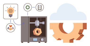 3D yazıcı turuncu geometrik bir nesne yaratıyor, yenilik ve işlem simgeleri, bulut dişlileri. Teknoloji, fütüristik tasarım, yenilik, imalat, yaratıcılık, dijital süreçler için ideal basit
