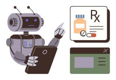 Robot dijital reçete ve uygulama pencere resimlerinin yanında tablet kullanıyor. Sağlık hizmetleri, yapay zeka, teknoloji, yenilik, teletıp, otomasyon, ilaç endüstrisi, basit düz metafor