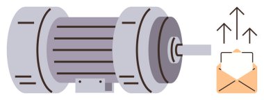 Silindirik tasarımı olan elektrik motoru, mekanik fonksiyon, iş akışı ve iletişimi sembolize eden oklar ve zarfla eşleştirilen enerji transferini vurgular. Teknoloji ve enerji için ideal