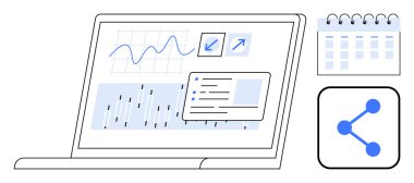 Grafikleri, görev penceresini ve analizleri gösteren dizüstü bilgisayar. Yakın takvim simgesi ve paylaşım aracı. Veri görselleştirme, takım çalışması, planlama, üretkenlik, teknolojik çözümler iş anlayışı için idealdir.