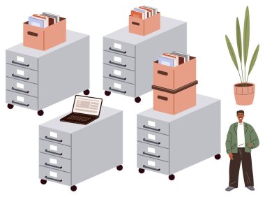 Evrakların olduğu dolaplar, birinin üzerine dizüstü bilgisayarı, kutular ve sıradan giyinmiş birinin yanında saksı bitkisi. Organizasyon, ofis kurma, üretkenlik, iş hayatı dengesi, depolama için ideal