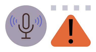 Mikrofon, turuncu uyarı üçgeninin yanında ses dalgaları yayıyor ve alarm simgesi oluşturuyor. Ses kaydı, podcast, ses düzenleme, hata bildirim, izleme ve teknoloji güvenliği için ideal. Basit düz