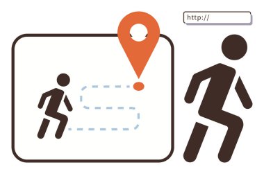 Okla işaretlenmiş bir yolda hedef işaretine doğru yürüyen kişi figürü, görünürde biçimlendirilmiş tarayıcı URL kutusu. Navigasyon, konum izleme, çevrimiçi haritalar, seyahat planlama, yol bulma için ideal
