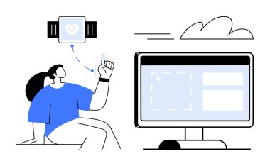 Sağlık ölçümlerini takip etmek için kadın spor aleti takıyor ve verileri masaüstü monitörüyle senkronize ediyor. Fitness, sağlık uygulamaları, giyilebilir teknoloji, akıllı cihazlar, veri analizi, sağlık izleme ve yaşam tarzı için ideal