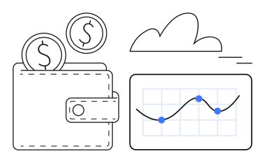 Bir grafiğin yanında madeni para olan cüzdan, mali eğilimleri takip ediyor. Finans, yatırım, tasarruf, büyüme, ekonomi, kar yönetimi iş analizleri için idealdir. Basit düz metafor
