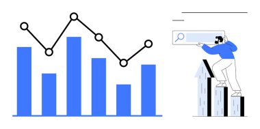 Çubuk grafik ve çizgi grafik izleme süreci ve eğilimleri. Ok şeklindeki bloklardaki adam arama çubuğu aracını kullanıyor. İş büyümesi, istatistik, performans, analiz, gelişme, tahmin, basit