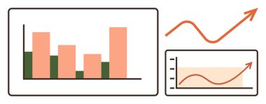Çift renk segmentasyonlu bar tablosu, yukarı doğru eğilim çizgisi, küçük grafik paneli. Büyüme, iş, analitik, performans, strateji iyileştirme pazar eğilimleri için idealdir. Minimalist düz metafor