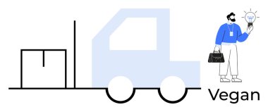 İş elbiseli bir adam teslimat kamyonunun yanında ampul tutuyor ve kutu yenilik öneriyor. Sürdürülebilir lojistik, vejetaryen girişimler, çevre bilinci, yeşil teknoloji, dağıtım hizmetleri için ideal