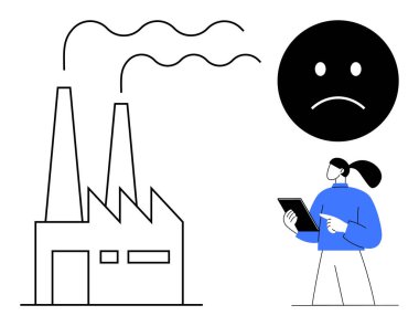 Duman yayan fabrika, endişeleri sembolize eden mutsuz yüz tablet üzerindeki bireysel izleme. Sürdürülebilirlik, çevre, kirlilik, hava kalitesi, teknoloji, farkındalık için ideal basit iniş sayfası