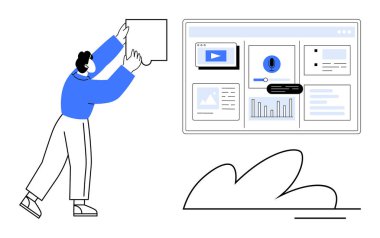 Analitik, video, metin ve ilerleme öğelerinin yer aldığı dijital gösterge paneliyle etkileşim halinde olan kişi. Takım çalışması, işbirliği, analiz, planlama stratejisi yeniliği için ideal. Basit düz