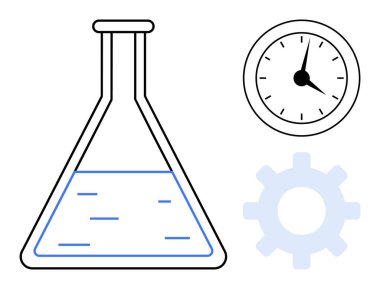 Laboratuvar şişesi kısmen sıvı, bir saat ve bilim, zaman yönetimi ve gelişim sürecini temsil eden bir aletle dolu. Araştırma, yenilik, analiz, hassasiyet verimliliği için ideal
