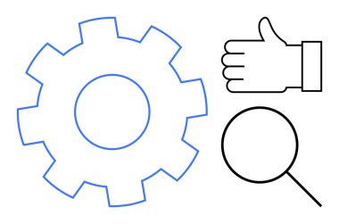 Dişlileri sembolize etme süreci, onay göstergesi, arama odağı için büyüteç. İş, geliştirme, araştırma, analitik, kalite kontrolü için ideal, SEO basit iniş sayfası