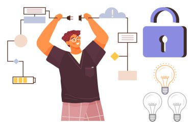 Devreleri bağlayan adam, pil ikonu, güvenlik kilidi ve parlayan ampuller yenilik ve siber güvenliği simgeliyor. Yaratıcılık, ağ oluşturma, teknoloji, güvenlik, problem çözme takım çalışması için ideal