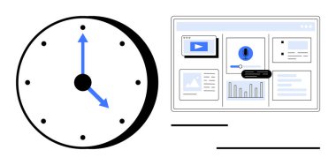 Verileri, çizelgeleri, uyarıları ve dijital araçları gösteren bir bilgisayar ekranının yanında analog saat. Üretkenlik, zaman takibi, verimlilik, öncelikler, son teslim tarihleri karar planlama için ideal