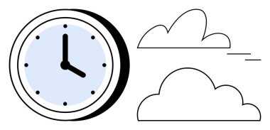 Yuvarlak duvar saati, iki basit bulutun yanında, zamanın geçişini, doğayla bağlantıyı ve geçici anları temsil eden net bir kadranla. Zaman, odaklanma, basitlik, farkındalık, program hedefleri için ideal