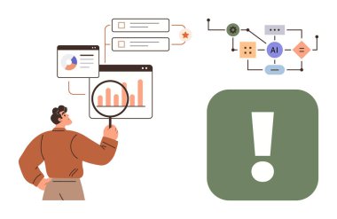 Grafiği analiz eden kişi, büyüteçle veri tabloları, elementleri birleştiren yapay zeka akış şeması ve ünlem işareti aydınlatma sezgileri. Veri analizi ve yapay zeka için ideal.