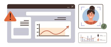 Büyüme grafiği, uyarı simgesi, doğrulanmış kullanıcı profili ve demografik grafiği olan analitik gösterge paneli. Teknoloji, iş, güvenlik, pazarlama yönetimi büyüme analizi için idealdir. Basit.