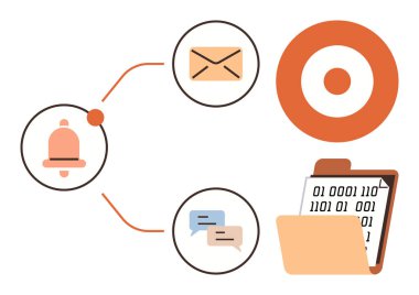 Bildirim zili, e-posta ikonu, sohbet baloncukları, panodaki ikili kod ve hedef sembol. İletişim, veri takibi, iş akışı, bilgilendirme işbirliği verimliliği için idealdir. Basit düz