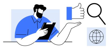 Elinde pano tutan ve verileri baş parmak işareti, büyüteç ve dünya resimleriyle analiz eden bir adam. Takım çalışması, değerlendirme, küresel erişim, başarı, geri bildirim araştırma stratejisi için ideal. Basit.