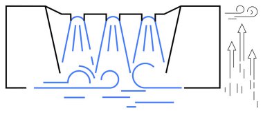Şelaleden akan sular barajın içinden akar, aşağıdaki dalgalar, yükselen oklar ve rüzgar hatları. Enerji, güç üretimi, hidroelektrik, sürdürülebilirlik için ideal doğal güçler temiz enerji mühendisliği. Basit.