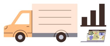 Harita arayüzü gösteren bir dizüstü bilgisayarın yanında bir kargo kamyonu ve yanında da bir bar çizelgesi. Lojistik, ulaşım, veri analizi, iş büyümesi, tedarik zinciri, teknoloji ve ticaret için ideal