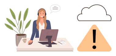 Masada kulaklık takan bir kadın bulut kaynaklı sorunlara yardım ediyor, uyarı levhası takıyor ve yakındaki tesise yerleştiriyor. Müşteri desteği, bulut sorunları, teknik sorun giderme, uzaktan çalışma, problem çözme için ideal