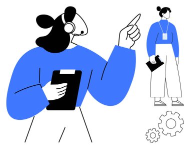 Menajer elinde bir pano tutuyor. Rozeti olan bir ekip üyesi. Strateji, liderlik, işbirliği, organizasyon, planlama, akıl hocalığı. Basit düz metafor