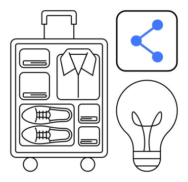 Katlanmış giysiler, ayakkabılar, bir bağlantı ikonu ve bir ampul dolu bavul. Seyahat, organizasyon, yenilik, minimalizm, planlama teknolojisi için ideal basit iniş sayfası