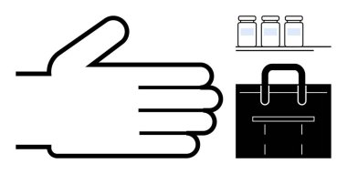 Bir evrak çantası ve etiketli üç şişenin yanında elini aç. Konseptler için idealdir. Takım çalışması, işbirliği, işyeri hazırlığı, sağlık, güvenlik, eczacılık ve müzakere. Basit düz