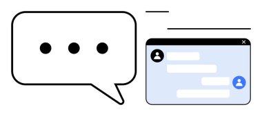 Kullanıcı profilleri ve metin iletileri içeren elips ve sohbet pencereli konuşma balonu. İletişim için ideal, mesajlaşma uygulaması, çevrimiçi sohbet, sosyal medya, teknoloji, müşteri desteği, basit iniş