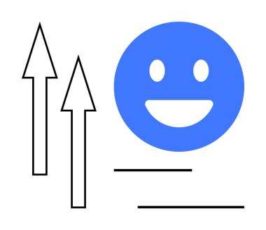 Yukarı bakan iki ok ve yatay çizgilerin yanında gülümseyen mavi bir yüz. Büyüme, başarı, ilerleme, pozitiflik, motivasyon, iş geliştirme için ideal, basit iniş sayfası