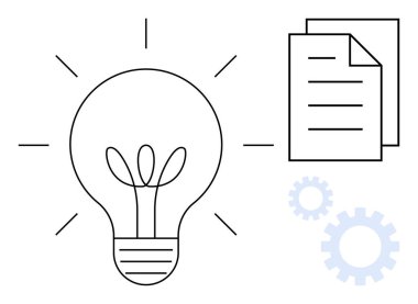 Işıldayan çizgilere, istiflenmiş belgelere ve basit bir metaforda yenilik, üretkenlik, planlama, iş akışı, beyin fırtınası, çözümler ve takım çalışmasını temsil eden viteslere sahip ampuller.