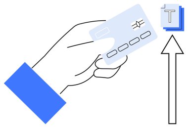 Bir yığın kağıdın yanında kredi kartı tutarken ve yukarı doğru okla işlem, gelişme ya da ilerlemeyi gösterirken. Finans, ödeme, büyüme, iş, ticaret için ideal, başarı sade iniş