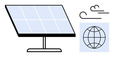 Güneş paneli enerjiyi emer, rüzgar rüzgarları hareketi simgeler ve sürdürülebilirliği temsil eden bir küre. Enerji, çevre, sürdürülebilirlik, teknoloji, yenilik, iklim hareketi ve temizlik için ideal