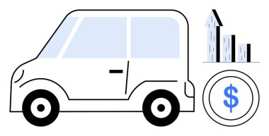 Bozuk paranın ve yukarı doğru giden grafiğin yanında küçük bir araba. Otomotiv sektörü, araba kredileri, finans eğilimleri, ekonomi, yatırım, ulaşım, mali hedefler, basit iniş sayfası