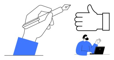 Elinizde bir kalem, baş parmak işareti ve dizüstü bilgisayarı olan kişi yaratıcılığı, onayı ve verimliliği simgeler. Yaratıcılık, başarı, işyeri, takım çalışması onayı için ideal dijital tasarım basit