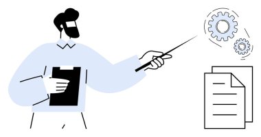 İşlem akışını bir işaretçi, süreçleri sembolize eden dişliler ve belgeleri kullanarak profesyonel sunma. Eğitim, planlama, yönetim, takım çalışması, eğitim stratejisi yeniliği için ideal. Basit düz